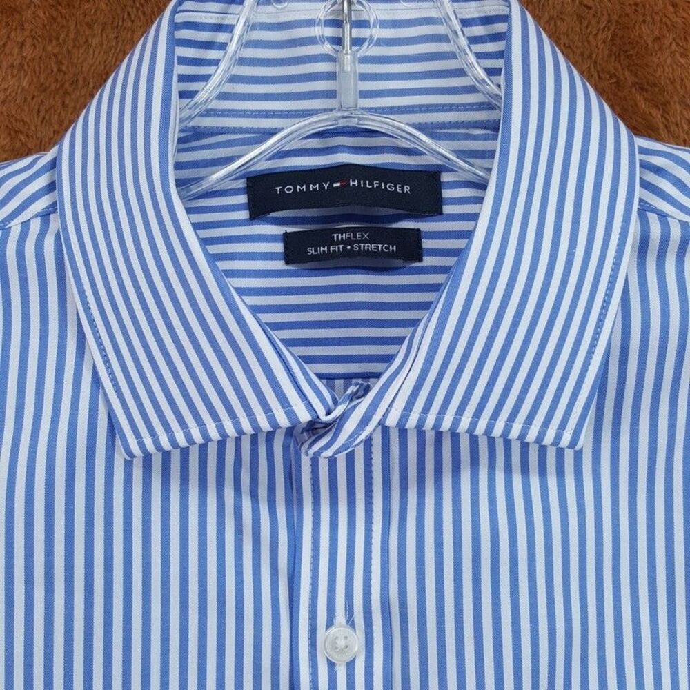 TOMMY HILFIGER Dress Shirt Size 14.5 32 33 Blue White Stripe Slim Stretch Flex